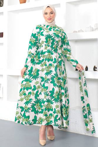 Çiçek Desenli Beli Lastikli Elbise TSD230223 Yeşil - 3