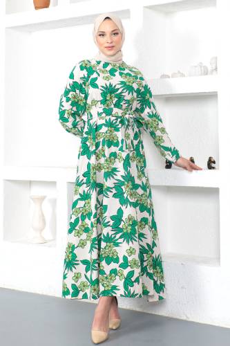 Çiçek Desenli Beli Lastikli Elbise TSD230223 Yeşil - 1