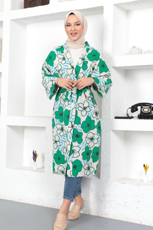 Çiçek Desenli Kimono TSD230436 Yeşil - 1