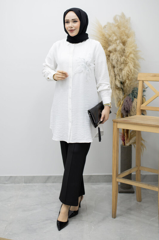 Çiçek Detaylı Gömlek TSD260193 Beyaz - Tesettür Dünyası