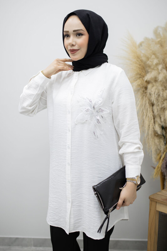 Çiçek Detaylı Gömlek TSD260193 Beyaz - Tesettür Dünyası (1)