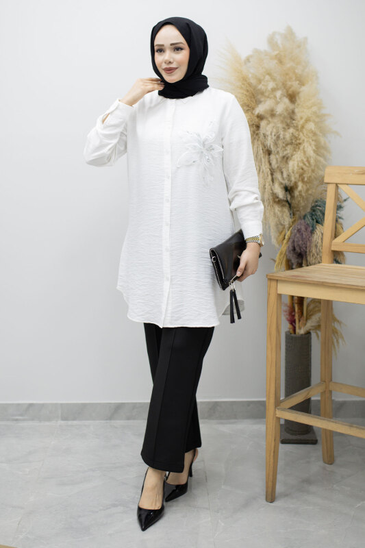 Çiçek Detaylı Gömlek TSD260193 Beyaz - 3