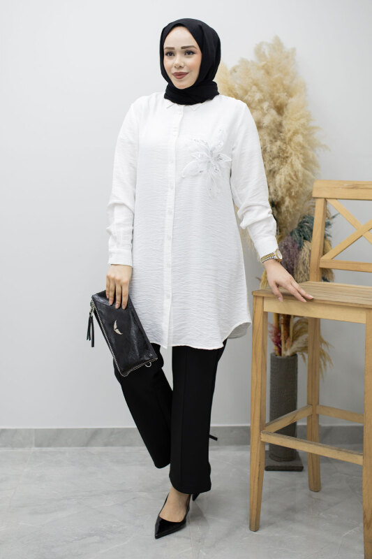 Çiçek Detaylı Gömlek TSD260193 Beyaz - 5
