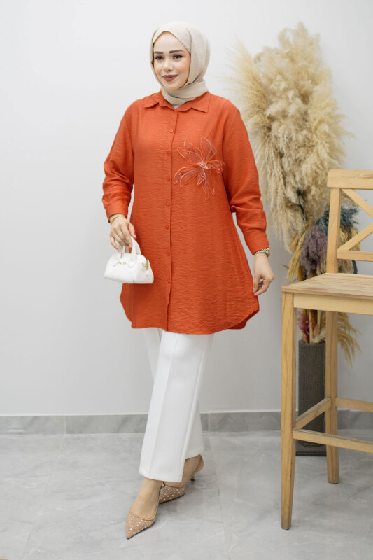 Çiçek Detaylı Gömlek TSD260193 Kiremit - Tesettür Dünyası