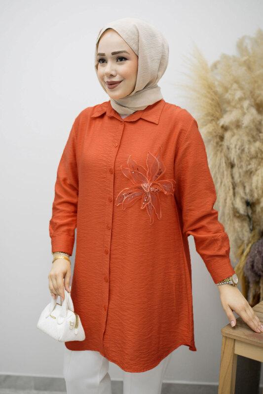 Çiçek Detaylı Gömlek TSD260193 Kiremit - Tesettür Dünyası (1)