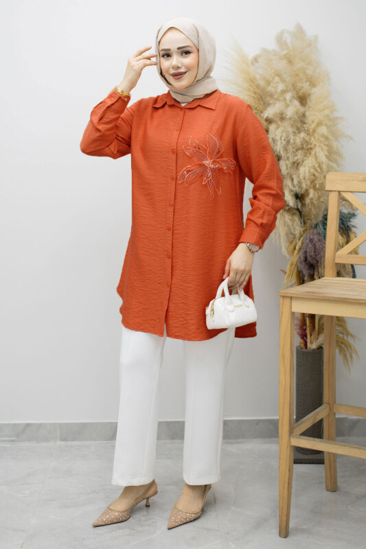 Çiçek Detaylı Gömlek TSD260193 Kiremit - 5