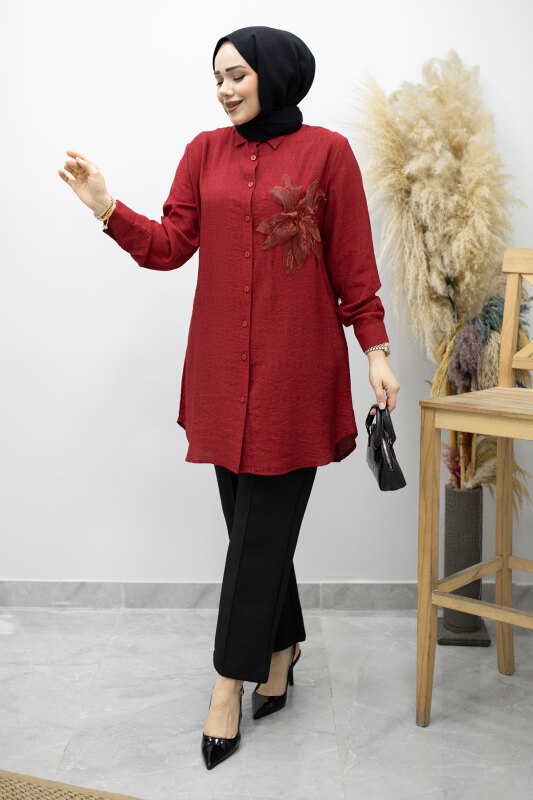 Çiçek Detaylı Gömlek TSD260193 Kırmızı - Tesettür Dünyası