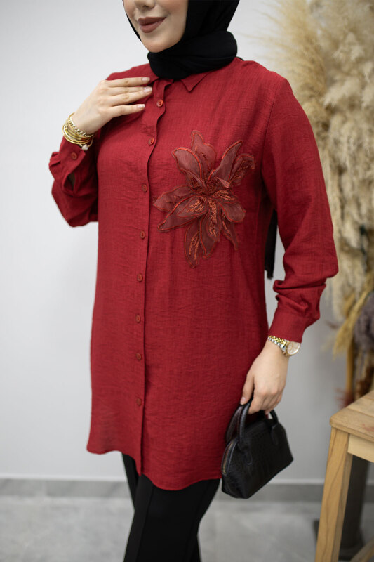 Çiçek Detaylı Gömlek TSD260193 Kırmızı - 4