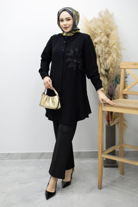 Çiçek Detaylı Gömlek TSD260193 Siyah - Tesettür Dünyası