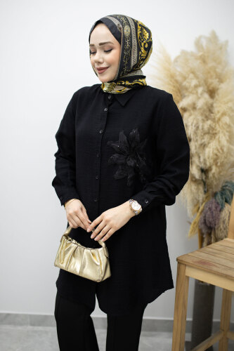 Çiçek Detaylı Gömlek TSD260193 Siyah - 2