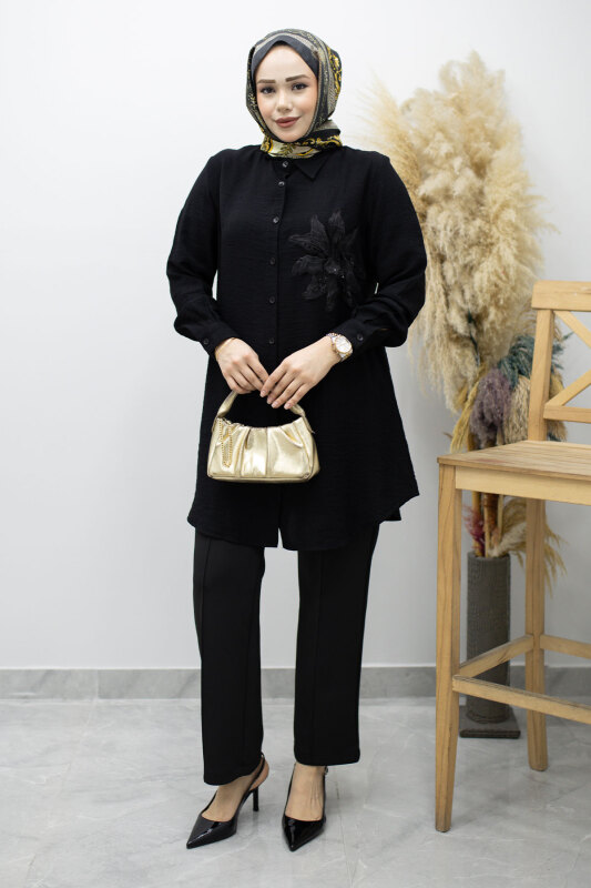 Çiçek Detaylı Gömlek TSD260193 Siyah - 3