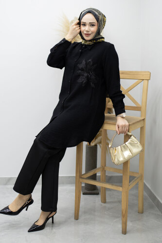 Çiçek Detaylı Gömlek TSD260193 Siyah - 5