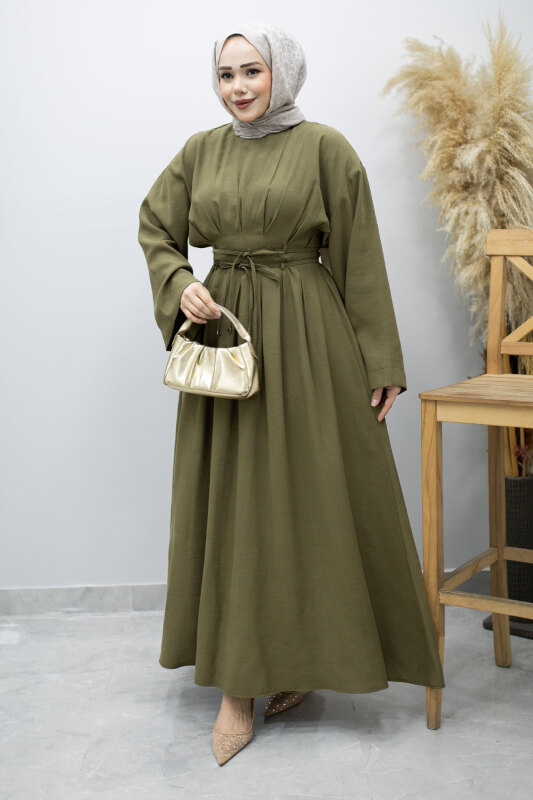 Çift Bağlamalı Pensli Elbise TSD260185 Haki - Tesettür Dünyası