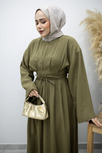 Çift Bağlamalı Pensli Elbise TSD260185 Haki - 2