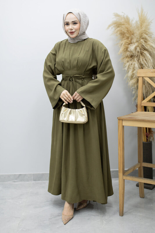 Çift Bağlamalı Pensli Elbise TSD260185 Haki - 5