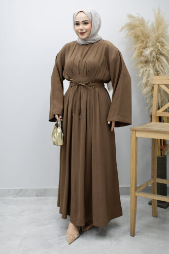 Çift Bağlamalı Pensli Elbise TSD260185 Kahverengi - 5