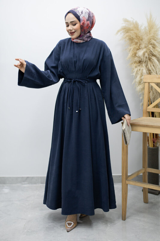 Çift Bağlamalı Pensli Elbise TSD260185 Lacivert - Tesettür Dünyası