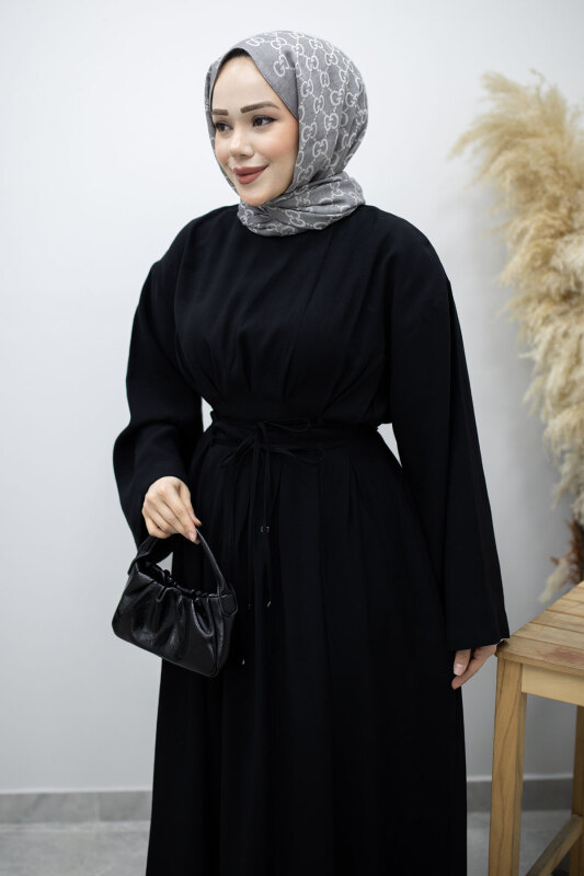 Çift Bağlamalı Pensli Elbise TSD260185 Siyah - Tesettür Dünyası (1)