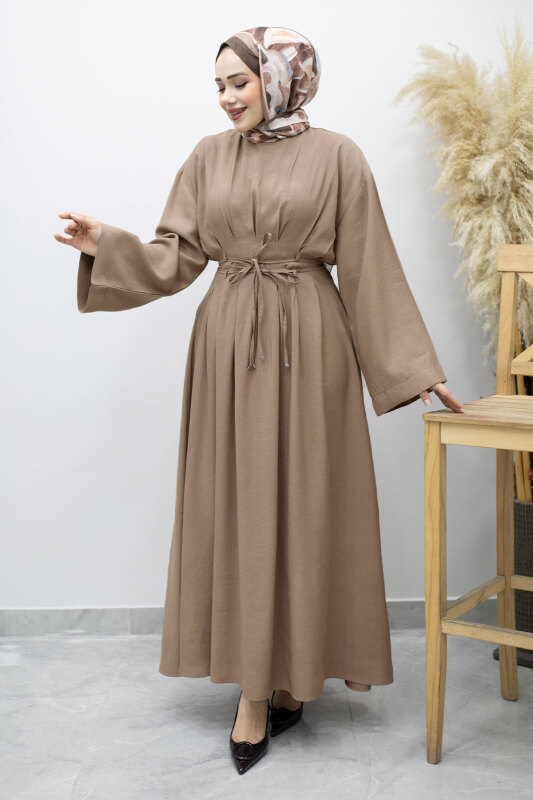 Çift Bağlamalı Pensli Elbise TSD260185 Vizon - Tesettür Dünyası