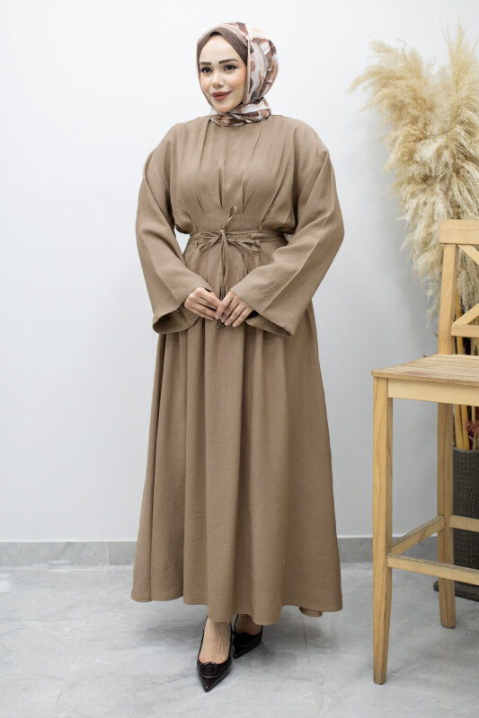 Çift Bağlamalı Pensli Elbise TSD260185 Vizon - 3