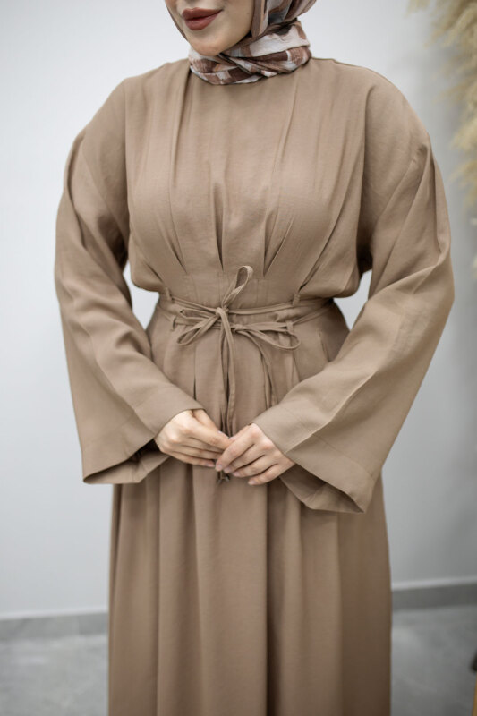 Çift Bağlamalı Pensli Elbise TSD260185 Vizon - 4