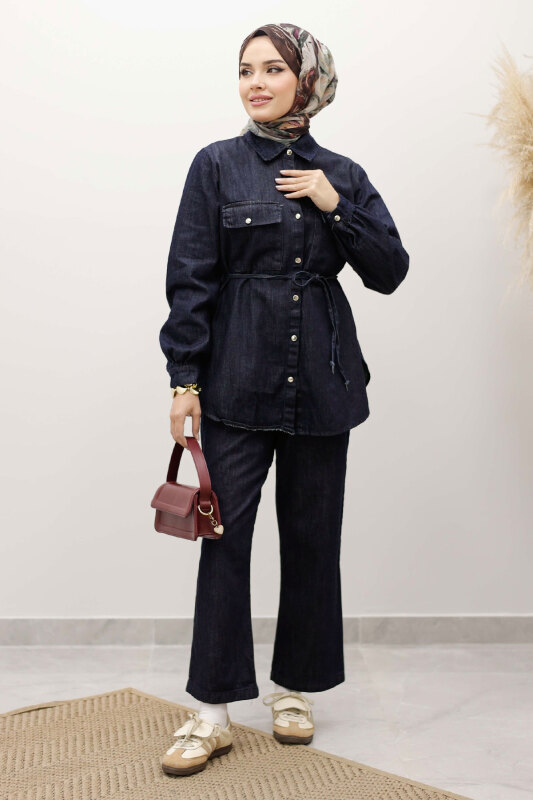 Çift Cepli Beli Bağlamalı Kot Takım TSD250249 Koyu Mavi - Tesettür Dünyası