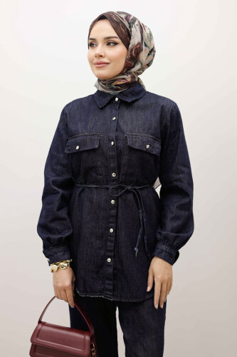 Çift Cepli Beli Bağlamalı Kot Takım TSD250249 Koyu Mavi - Tesettür Dünyası (1)