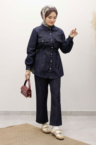 Çift Cepli Beli Bağlamalı Kot Takım TSD250249 Koyu Mavi - 3