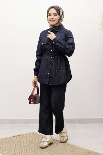 Çift Cepli Beli Bağlamalı Kot Takım TSD250249 Koyu Mavi - 4