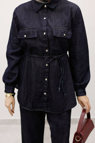 Çift Cepli Beli Bağlamalı Kot Takım TSD250249 Koyu Mavi - 5