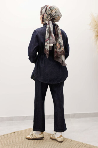 Çift Cepli Beli Bağlamalı Kot Takım TSD250249 Koyu Mavi - 6