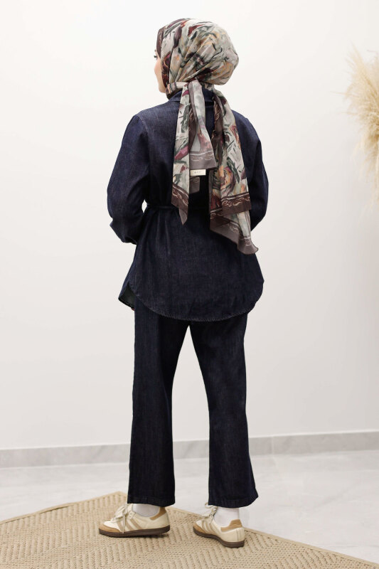 Çift Cepli Beli Bağlamalı Kot Takım TSD250249 Koyu Mavi - 6