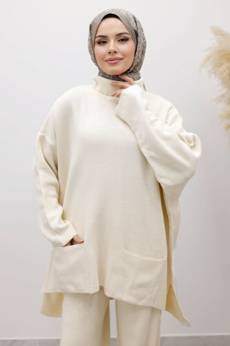 Çift Cepli Boğazlı Triko Takım TSD260109 Bej - Tesettür Dünyası (1)