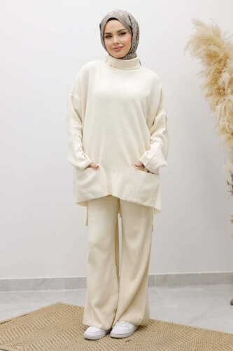 Çift Cepli Boğazlı Triko Takım TSD260109 Bej - 3