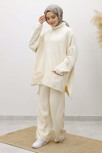 Çift Cepli Boğazlı Triko Takım TSD260109 Bej - 5