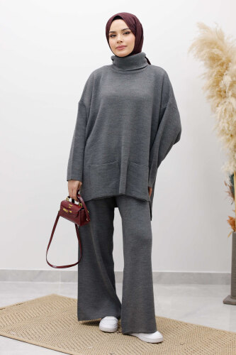 Çift Cepli Boğazlı Triko Takım TSD260109 Füme - 3