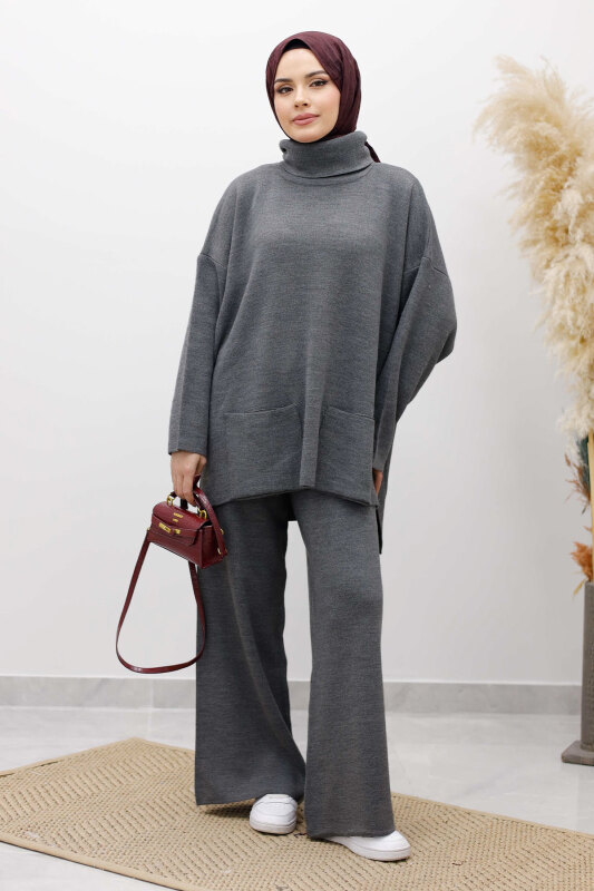 Çift Cepli Boğazlı Triko Takım TSD260109 Füme - 3