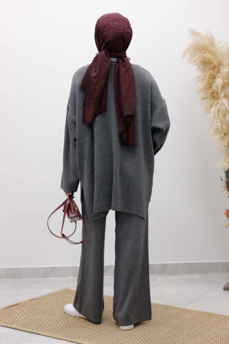 Çift Cepli Boğazlı Triko Takım TSD260109 Füme - 6