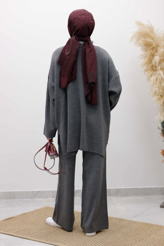 Çift Cepli Boğazlı Triko Takım TSD260109 Füme - 6