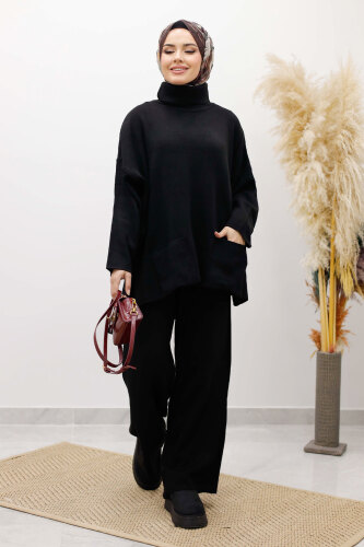 Çift Cepli Boğazlı Triko Takım TSD260109 Siyah - Tesettür Dünyası