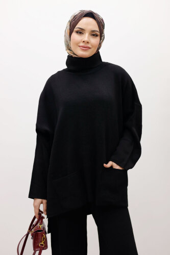 Çift Cepli Boğazlı Triko Takım TSD260109 Siyah - Tesettür Dünyası (1)