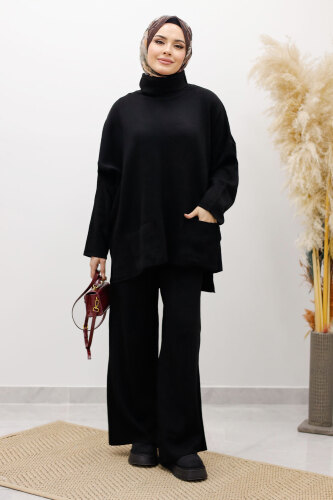 Çift Cepli Boğazlı Triko Takım TSD260109 Siyah - 3