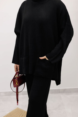 Çift Cepli Boğazlı Triko Takım TSD260109 Siyah - 4