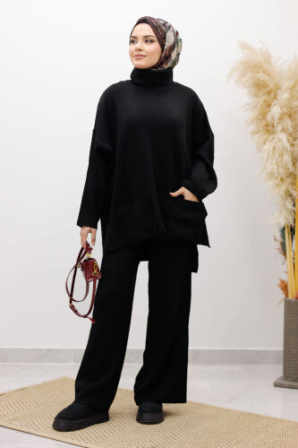 Çift Cepli Boğazlı Triko Takım TSD260109 Siyah - 5