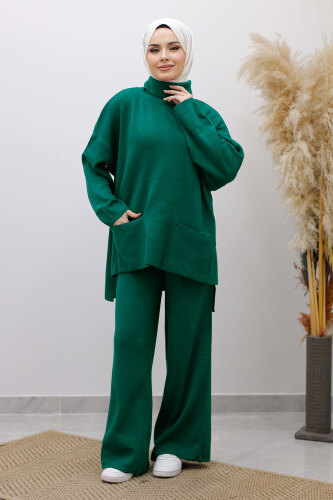 Çift Cepli Boğazlı Triko Takım TSD260109 Zümrüt Yeşili - 3