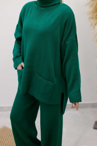 Çift Cepli Boğazlı Triko Takım TSD260109 Zümrüt Yeşili - 4