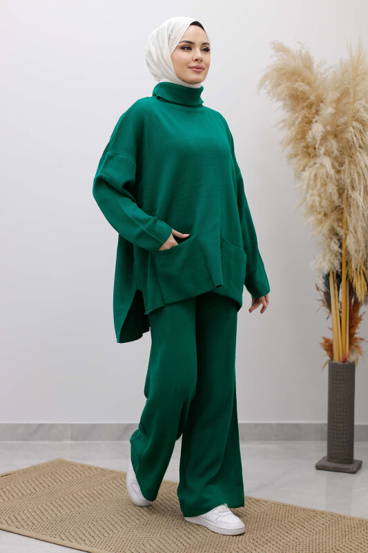 Çift Cepli Boğazlı Triko Takım TSD260109 Zümrüt Yeşili - 5