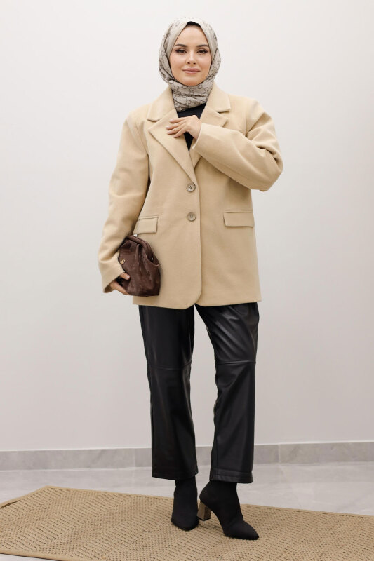 Çift Düğmeli Alpaka Ceket TSD250244 Bej - TESETTÜR DÜNYASI