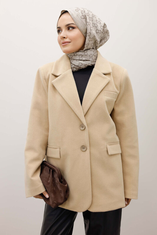 Çift Düğmeli Alpaka Ceket TSD250244 Bej - TESETTÜR DÜNYASI (1)