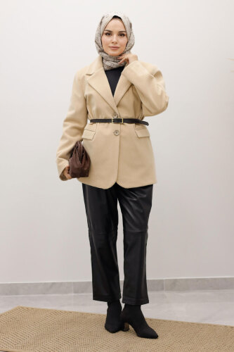 Çift Düğmeli Alpaka Ceket TSD250244 Bej - 3